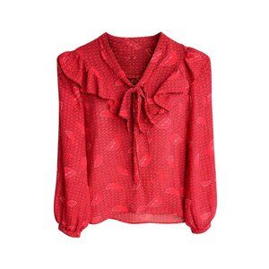 Women's Blouse Red Ruffle Tie-Neck Bow Long Sleeves Sheer Lightweight Size Small